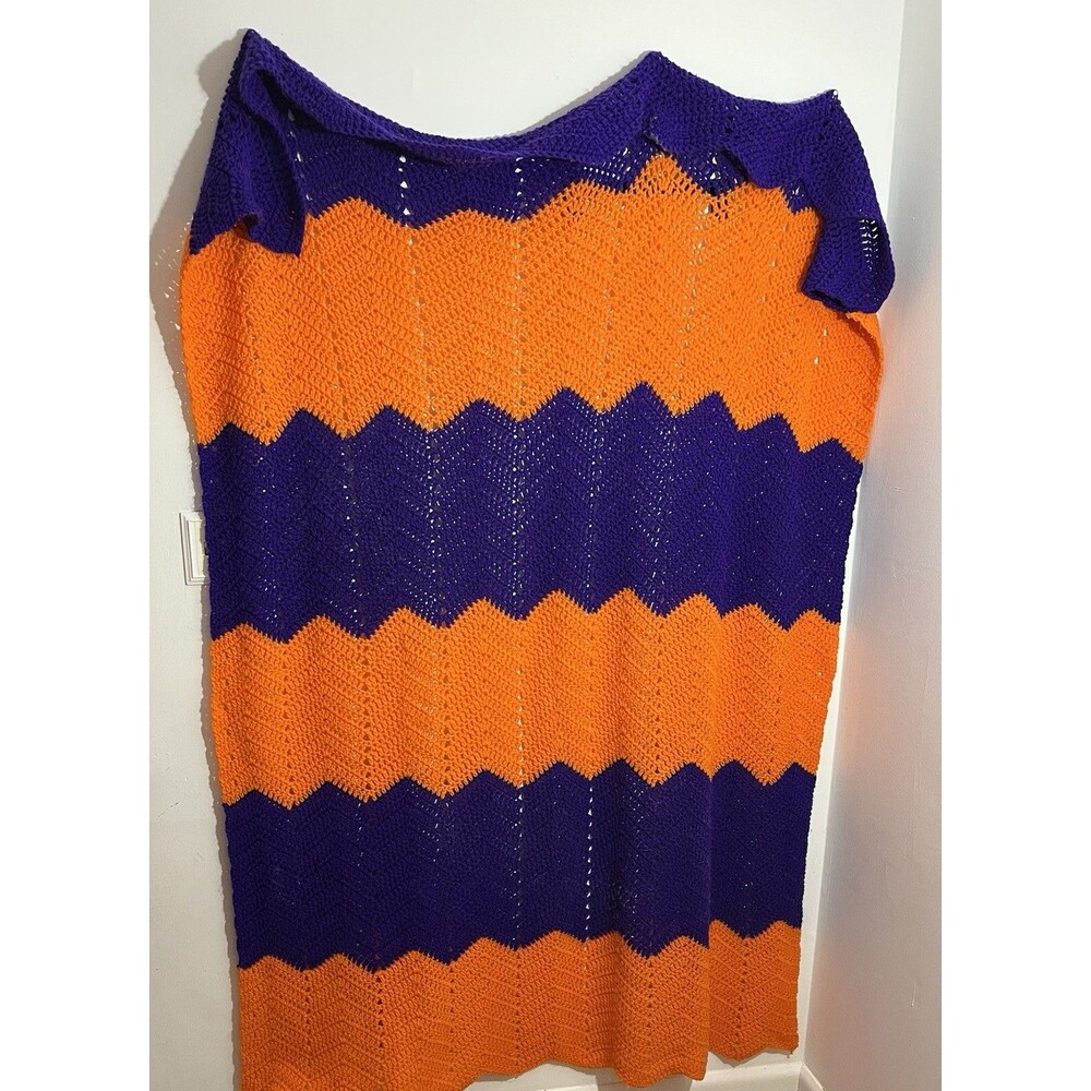 Afghan Blanket Twin Size Purple Orange Zig Zag Blanket 80" x 64" Halloween